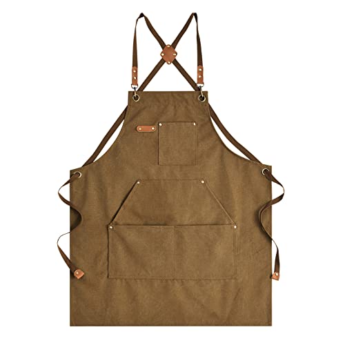 Aoomzoon Canvas Aprons for Men Chef Apron, Work Apron with Large Pockets - 16oz Heavy Duty Cross Back, BBQ, Cooking - color: Brown