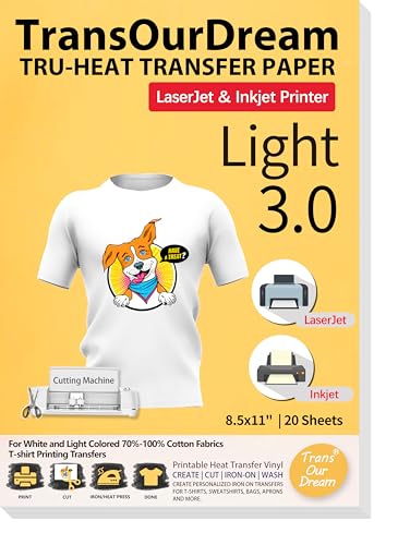 TransOurDream Tru-Heat Transfer Paper for Inkjet & Laserjet Printer (20 Sheets 8.5x11, 3.0) Printable HTV Heat Transfer Vinyl for T Shirts Iron on Transfers for Light Fabrics (TRANS-L3-1-20) - color: Light, size: 20 Sheets
