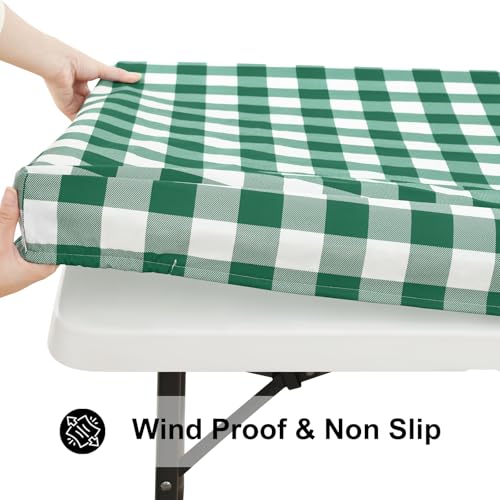 Smiry 4 Foot Picnic Table Cloth, Flannel Backed Fitted Vinyl tablecloths | Waterproof Elastic Rectangle Tablecloth ,Buffalo Plaid Table Covers for Dining, Camping (Emerald Green and White, 24" x 48") - color: Emerald Green and White, size: 48" x 24" (Rect