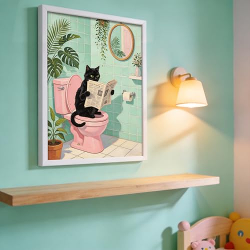 5D Diamond Art Kits for Adults, Black Cat Bathroom Diamond Painting - color: KM1094-1