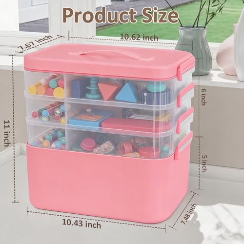 Gifhomfix 4-Layer Plastic Craft Organizers and Storage Box with Removable Trays, Storage Containers with lids and Handle, Art Supply Storage Organizer for Organizing Bead, Sewing, Tool（Pink） - color: Pink, size: 4 Layer-10.6 x 7.6 x 11 in