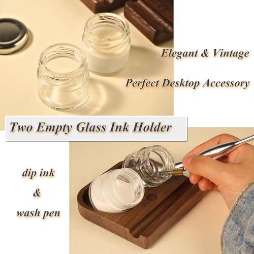Upgrade Wooden Tilting Calligraphy Pen Holder with Two Glass Ink Bottle Container, Calligraphy Oblique Nib Holder Stand Base Set Desktop Tabel Decoration - style: Upgraded Two Glass Ink Holders