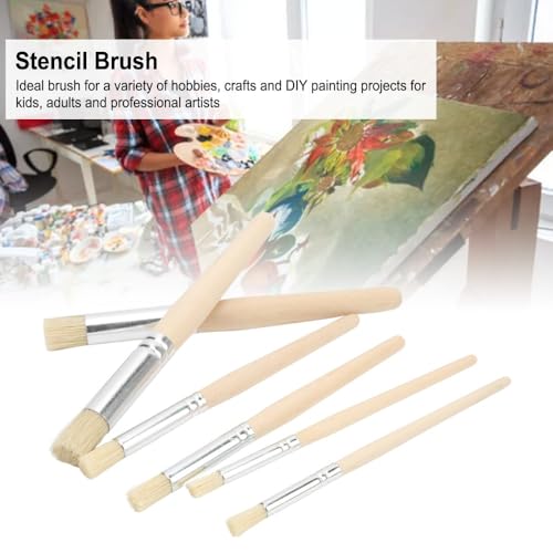 6 Pcs Round Brush Tip Wooden Stencil Paint Brushes Set Wood Handle Stiff Brushes for Acrylic, Oil, Watercolor Painting and Texture Art Creation