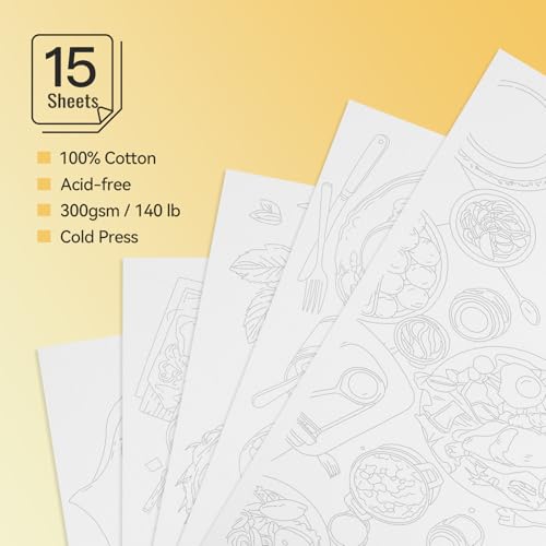 Lightwish Watercolor Coloring Book for Adults & Beginners,100% Cotton 300gsm/140lb Acid-Free Cold Press Paper, 8.3 x 5.6 Inches,15 Sheets,Food-Themed - color: Food-Themed