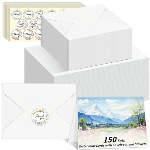 UZLU 150 Sets 5 x 7 Inch Watercolor Cards with Envelopes and Stickers - size: 5*7 in
