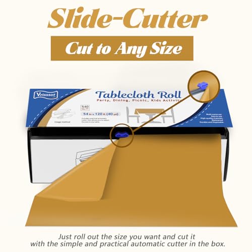 Plastic Table Cover Roll Disposable Tablecloth: 54in X 120ft Table Covers Plastic Table Cover Roll with Easy Slide Cutter Plastic Table Cloths for Parties Disposable-Gold - color: Gold, size: 1440" x 54" (Rectangular)