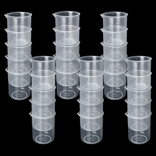 30 Pack 250 ML Plastic Graduated Beakers with Pour Spout | Embossed Scale, Clear Body, and Dripless Spout for Epoxy Resin, Paint, Science Lab, Kitchen Mixing, and Measuring - size: 250ML