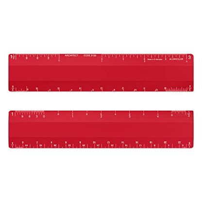 Alumicolor Architect 6 inch Ruler Scale w/ 4 Bevel Design for Drawing, Drafting & Engineering, Calibrations Divided by (1/8, 1/4), (1/2, 1), (3/8, 3/4), (3, 11/2), Red - color: Red