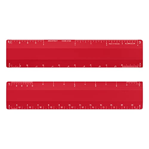 Alumicolor Architect 6 inch Ruler Scale w/ 4 Bevel Design for Drawing, Drafting & Engineering, Calibrations Divided by (1/8, 1/4), (1/2, 1), (3/8, 3/4), (3, 11/2), Red - color: Red