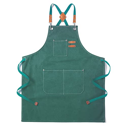 Tosewever Canvas Cross Back Chef Cotton Aprons for Men Women with Large Pockets - color: Green