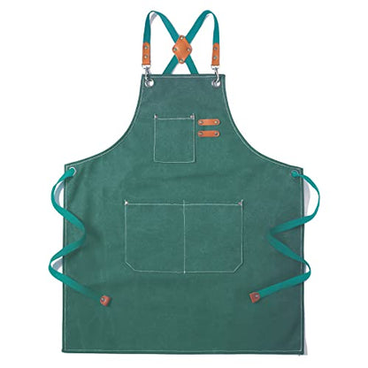 Tosewever Canvas Cross Back Chef Cotton Aprons for Men Women with Large Pockets - color: Green