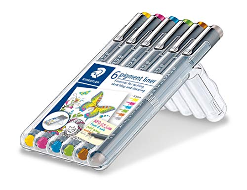 Staedtler Pigment Liner, Fineliner Pen For Drawing, Drafting, Journaling, Set of 6 Assorted Colors, 30805S2SB6 - color: multicoloured, size: 1 Count (Pack of 1), style: 0.5 mm