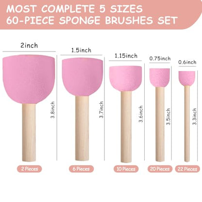 60 Pcs Pink Round Paint Sponges Set, 5 Sizes Sponge Brushes for Painting, Sponge Paint Brushes for Acrylic Painting, Wooden Handle Craft Sponges for DIY, Crafts and Kids Arts - style: 60 Pcs Pink