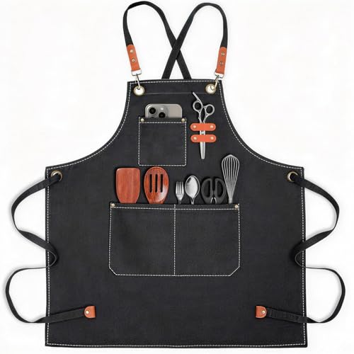 conda Chef Apron, 1 Pack, Cross Back Straps Apron With Pockets for Men Women, 100% Cotton Canvas Adjustable Apron, for Cooking Pottery Baking Painting - color: Black