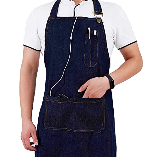 Tosewever Canvas Cross Back Chef Cotton Aprons for Men Women with Large Pockets - color: Dark Blue