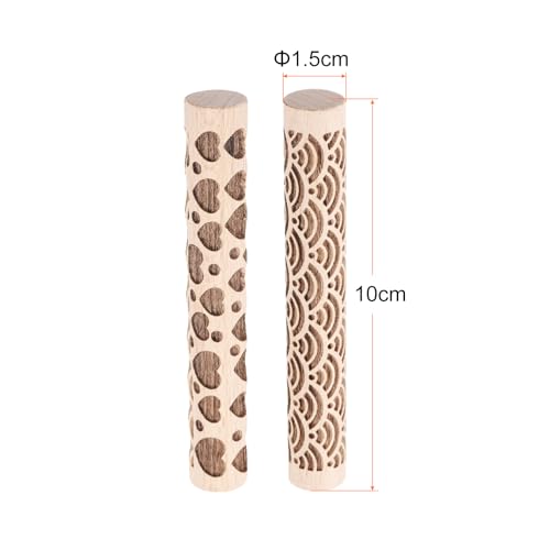 HARFINGTON 2pcs Wood Clay Roller 4"Water Wave Heart Pattern Rolling Pins Pottery Tools Wood Grain Texture Rollers for Clay Baking Dough Playdough DIY - style: Water Wave + Heart