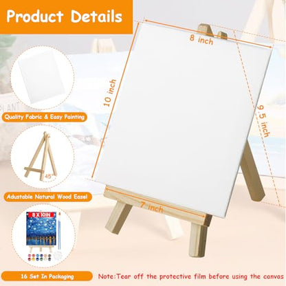 16 Pack 8x10 Inch Canvas and Easel Set, 16 Small Canvas for Painting with 16 Easels, 16 Acrylic Paint Set, 32 Paint Brushes, 16 Palletes, Painting Kits for Adults Beginners Party