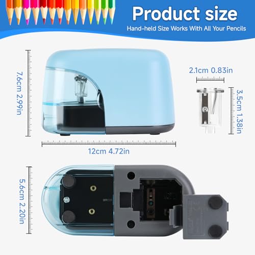 Battery-Operated Electric Pencil Sharpener with LED Light – Compact & Portable Pencil Sharpener for Home, School, or Office Use (Blue) - color: Blue
