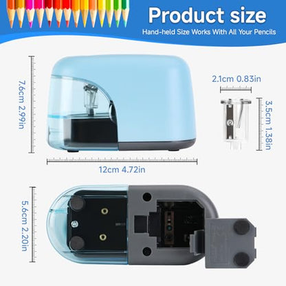 Battery-Operated Electric Pencil Sharpener with LED Light – Compact & Portable Pencil Sharpener for Home, School, or Office Use (Blue) - color: Blue