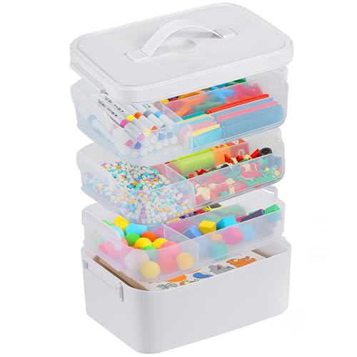 Gifhomfix 4-Layer Plastic Craft Organizers and Storage Box with Removable Trays, Storage Containers with lids and Handle, Art Supply Storage Organizer for Organizing Bead, Sewing, Tool - color: White, size: 4 Layer-10.6 x 7.6 x 11 in