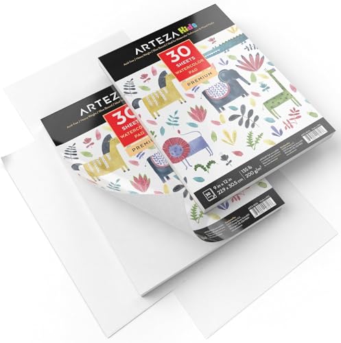 ARTEZA Watercolor Paper for Kids, 2 Pack, 30 Sheets Each, 9x12 Inches Water Pad, 135lb/200gsm, Glue Bound, Acid Free Kids Paper - style: 60 Sheets