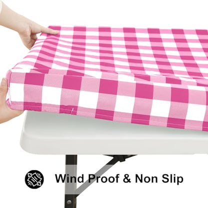Smiry 4 Foot Picnic Table Cloth, Flannel Backed Fitted Vinyl tablecloths | Waterproof Elastic Rectangle Tablecloth ,Buffalo Plaid Table Covers for Dining, Camping (Hot Pink and White, 24" x 48") - color: Hot Pink and White, size: 48" x 24" (Rectangular)
