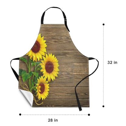 Apron with Pockets, 32x28 inch, for Women Men, Sunflowers Wooden | Autumn Flower Wood Board Waterproof Adjustable Bib Aprons for Kitchen Cooking Baking Painting Gardening - color: Sunflower Wooden