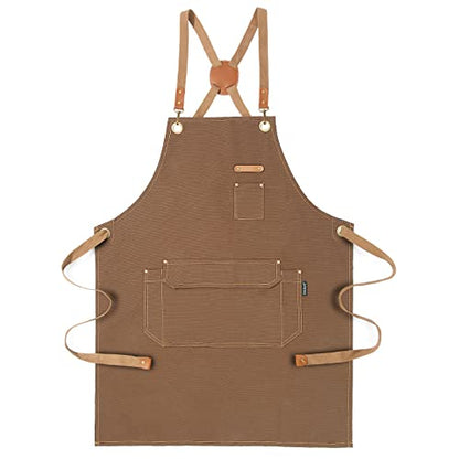 Genixart Chef Apron Men Women, Kitchen Aprons Cooking, BBQ - Brown | Box Packed, Cotton Canvas, Cafe, Bar, Workshop, Restaurant, Water & Oil Stain Resistant, Cross Back Adjustable, Large Pockets - color: Brown