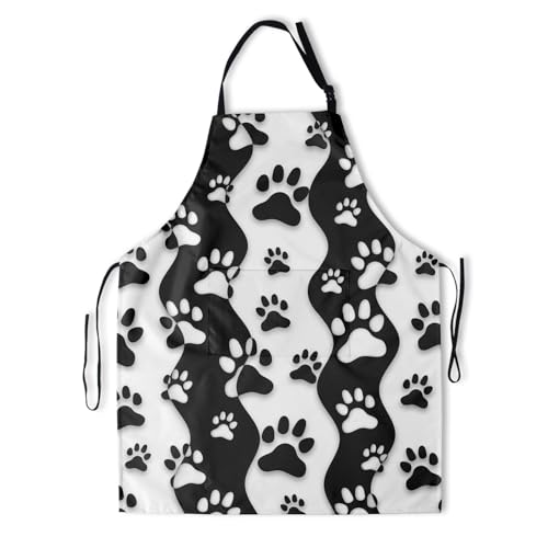 Art Apron with Pocket for Women Men | Kitchen Aprons Chef Apron for Cooking Baking BBQ Painting Gardening - color: Black White Dog Paws