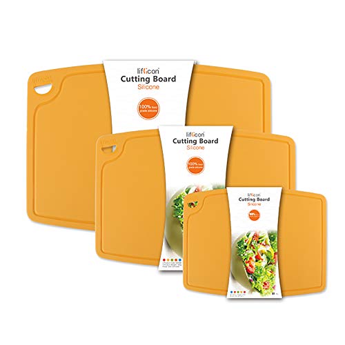 Liflicon Silicone Thick Cutting Boards Mats Set of 3pcs Foldable & Flexible Design Juice Grooves Easy Grip Handle Dishwasher Safe for Kitchen,BPA free Silicone Cutting Mats-Yellow - color: Yellow, size: 9.1"L x 7.1"W, 12.6"L x 9.1"W & 14.6"L x 10.4"W