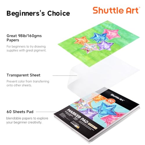Shuttle Art Marker Pad,11.69”x8.27” Portable A4 Sketchbook, 60 Sheets Drawing Paper, 98LB/160GSM Smooth Surface Bleedproof Art Paper, Glue-Bound, Great for Beginners to Draw, Paint & Sketch - size: 11.69x8.27 inch