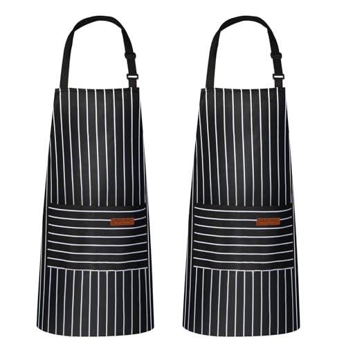 VALOME 2 Pack Kitchen Aprons with Pockets, Cooking Chef Apron for Men Women | Adjustable Neck Strap, Unisex Bib Soft Aprons, Cotton-Blend, for Grilling Cooking Gardening Baking - color: Black & Black