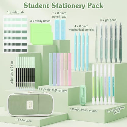 MoKo Pencil Case with Supplies, 49Pcs Aesthetic School Set, Green | Includes gel pens, highlighters, 0.5 mm mechanical pencils and refills, an eraser, sticky notes and index tabs. - color: Green-49P