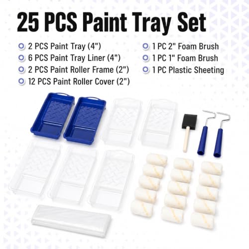 Bates- Paint Roller Kit, 25 pcs, Small Paint Roller Set with 2" Microfiber Sleeves & Frames, Trays with Liners and Foam Brushes for Small Touch Ups, Wall, Cabinet, House Painting Supplies