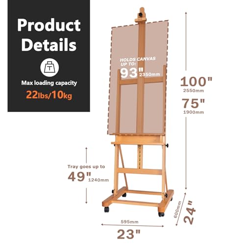 DJAR Large H-Frame Art Easel for Painting, 360° Casters Wheels, Natural | Solid Beech Wood Adjustable Floor Stand with Storage Tray, Hold Canvas up to 93’’, Art Supplies for Artists and Adults - style: With Wheels