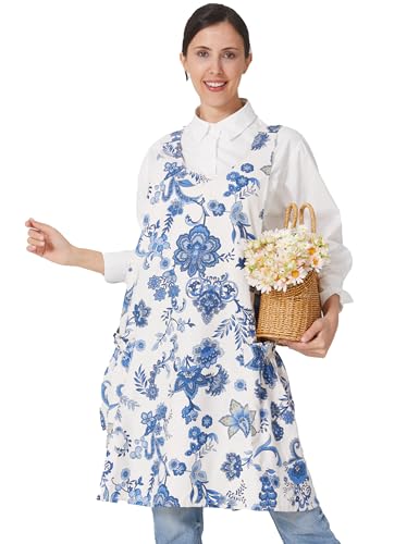 Cozy Adjustable Cross Back Aprons for Women with Pockets Cotton Linen Cooking Kitchen Baking - color: Stranger Blossoms