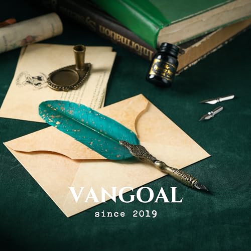 VANGOAL Vintage Green Feather Pen and Ink Set, Classic Series Goose Quill Pen with Carving Pen Stand, Calligraphy Pen Nibs, Black Dip Pen Ink, Antique Writing Gift for Writer - color: Green