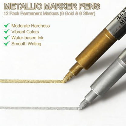 Metallic Marker Pens, 12 Pack Permanent Ink Markers (6 Gold & 6 Silver) for Art, Crafts, and DIY Projects