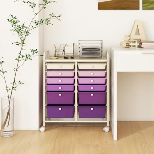 12 Drawer Rolling Storage Cart, Craft Cart Organizer on Wheels with Metal Frame, Large Capacity & Smooth Drawers for Living Room, Classroom, Office (Gradient Purple) - color: Gradient Purple, size: 12 Drawer
