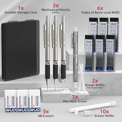 WUO 0.9 mm Mechanical Pencil Set with Eraser Pen Storage Case, 3 PCS | Metal Drafting Pencils, 360 HB Lead Refills, 3x4B Erasers, 12 Eraser Refills for School Artist Writing Drawing Sketching - color: Black 3 - 0.9mm (3 Pack)