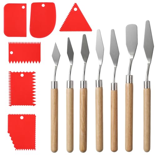 7 PCS Palette Knives, Pallet Knife Paint Knife with Wood Handle and Palette Scraper, Stainless Steel Painting Knives for Oil Pastel Acrylic Paint Canvas Texturing Color Mixing Cake Decorating