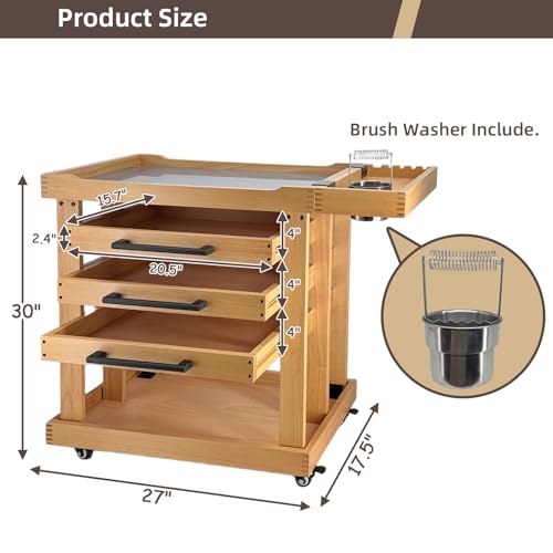 Art Supplies Storage 5-Tier Cart, Beech Wood Rolling Cart | Solid Beech wood, 3 Drawers with 4 Caster Wheels, Craft Cart , for Studio, Classroom, Artists