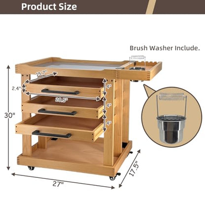Art Supplies Storage 5-Tier Cart, Beech Wood Rolling Cart | Solid Beech wood, 3 Drawers with 4 Caster Wheels, Craft Cart , for Studio, Classroom, Artists