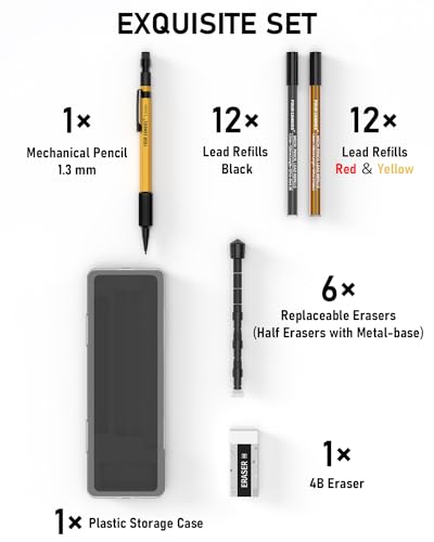 Four Candies 1.3mm Mechanical Pencil Set with 24 Lead Refills, Metal Weatherproof Heavy Duty Outdoor Carpenter Pencil, Eraser, 6 Eraser Refills for Architect Drafting Woodworking Marking with Case - size: 1-Pack, style: Yellow