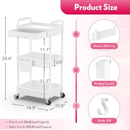 SUNALLY Makeup Cart Organizer with Drawer,3 Tier Rolling Makeup Cart, White - color: White, size: 3 Tier
