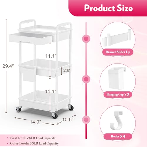 SUNALLY Makeup Cart Organizer with Drawer,3 Tier Rolling Makeup Cart, White - color: White, size: 3 Tier