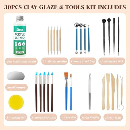 120ML Air Dry Clay Glaze with 29PCS Clay Tools Kit | Gloss Polymer Clay Kit and Clay Varnish, Pottery Tool Kit for Sculpting, Modeling, Shaping Crafts, Scratch Resistant