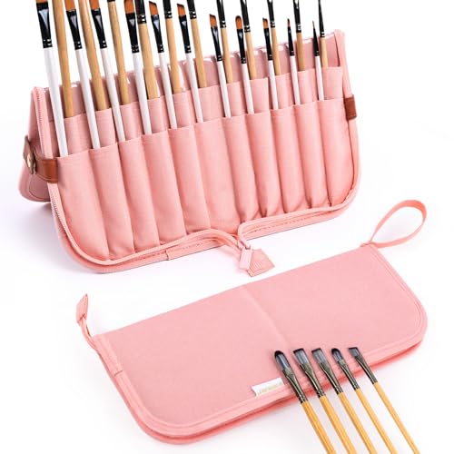 Paint Brush Holder Case for Artists with 22 Slots, Brush Organizer with Pop-Up Stand, Travel Paintbrush Storage Bag for Acrylic Oil Watercolor, Zippered Art Brush Cover (Brushes Not Included) - color: Pink, size: Large 6*13.5"