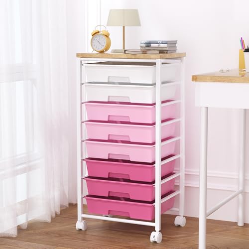 Rolling Cart with 8 Drawers, Storage Drawers Cart with Wooden Tabletop and Lockable Wheels, Craft Storage for Living Room, Office, Classroom, Craft Room, Bedroom - color: Pink