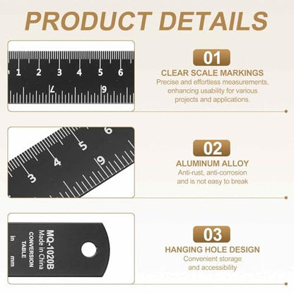 HARFINGTON 2pcs Metal Straight Ruler 30cm Metric SAE Aluminum Alloy Measuring Rulers Scale Tool with Hole for Measure Study Reading Classroom Office, Black - size: 30cm